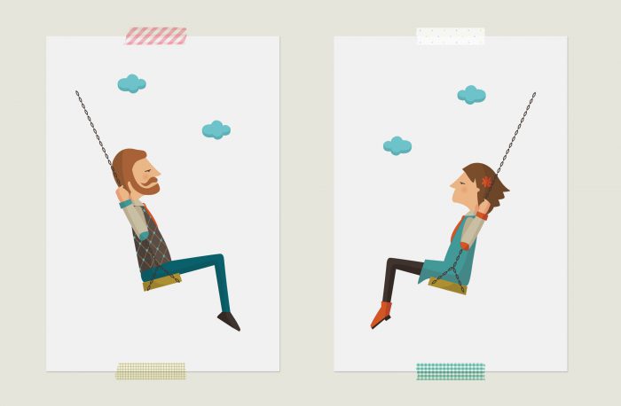 Man and woman on a swing, swinging towards each other