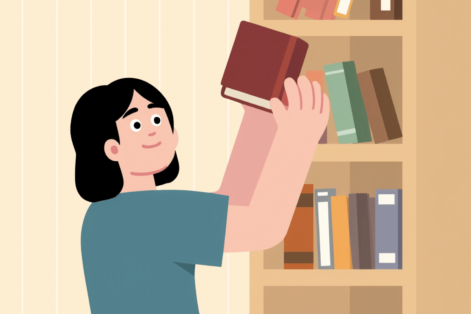 Illustation einer Frau, die din Buch aus einem Regal holt