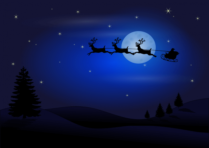 Weihnachtsmann fliegt mit seinem SChlitten nacht vor dem Mond vorbei