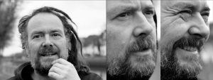 Doppelseite: Portrait von bärtigem Mann mit Rastalocken, zwei Nahportraits desselben Manns im Halbprofil