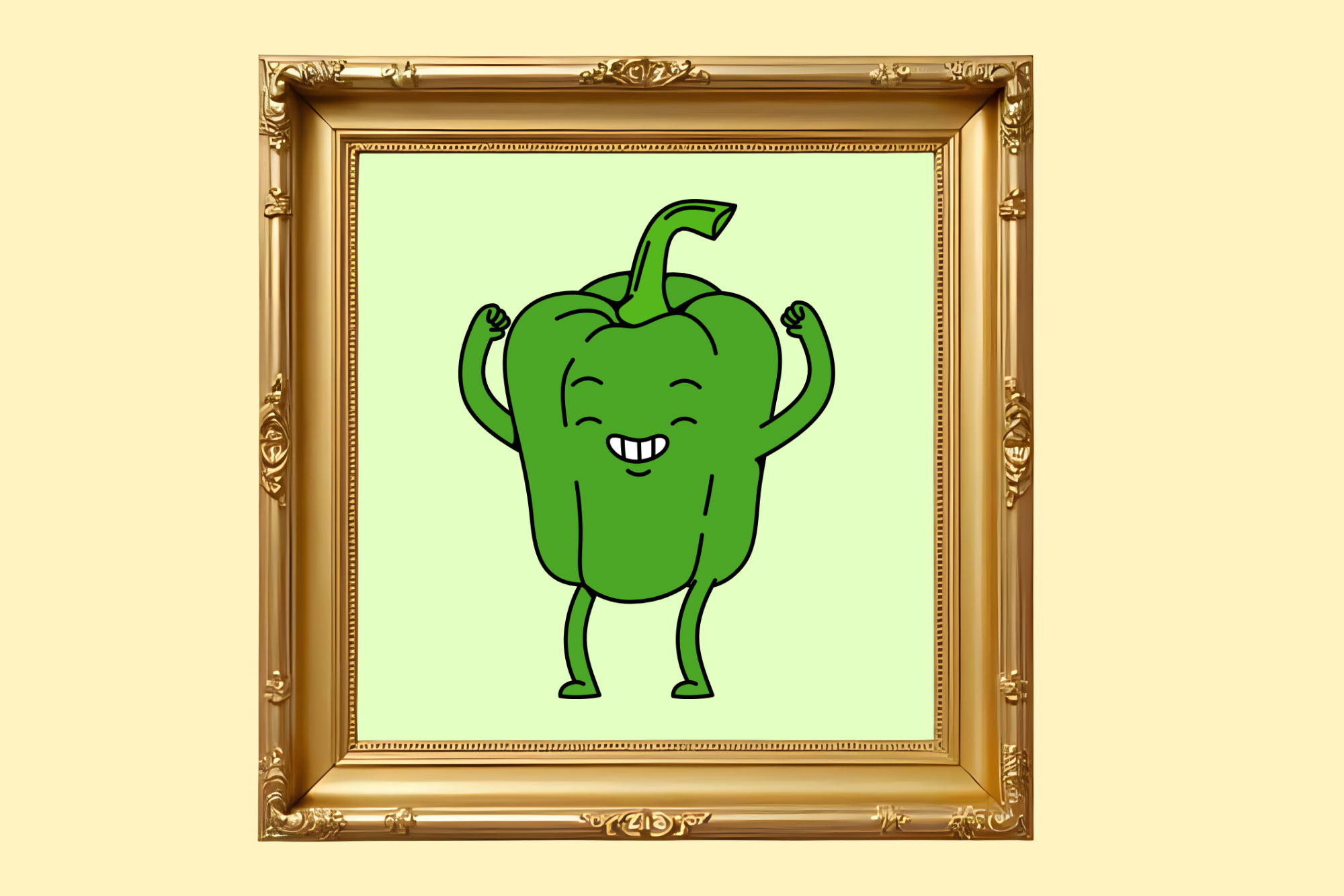 Eine gezeichnete grüne Paprika freut sich, darum herum ein verschnörkelter goldener Rahmen