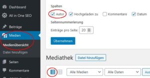 Screenshot des WordPress-Backends mit geöffneter Mediathek in der Listenansicht und ausgeklapptem Ansicht anpassen-Tab