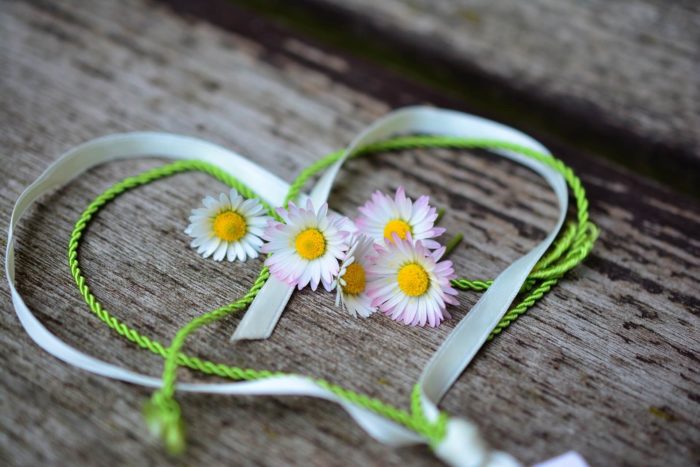 Aus weißen und grünen Bändchen geformtes Herz mit Gänseblümchen auf Holz