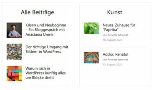 Screenshot zweier Alternativlayouts mit je mehreren Beiträgen pro Kategorie untereinander