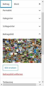 rechte Spalte Blockeditor mit ausgeklapptem Feld für Beitragsbild