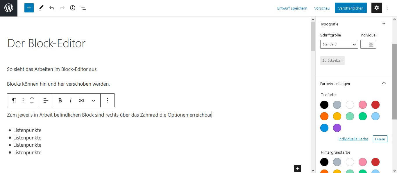 Screenshot des Block-Editors mit Text-Optionen in der rechten Spalte
