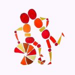 Rollerprise-Logo: aus geometrischen Formen zusammengesetzte Figuren eines Rollstuhlfahrers und eines zum Kuss zu ihm gebeugten Fußgänger