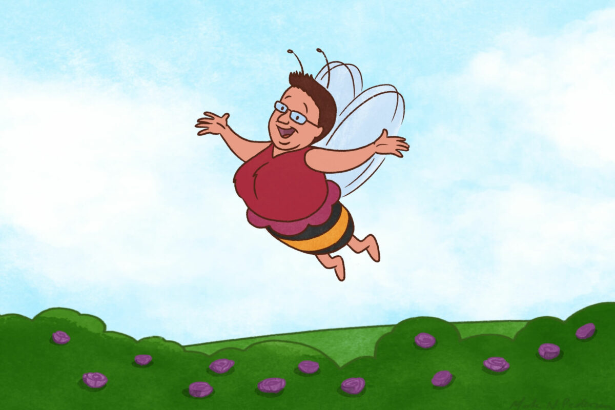 Cartoon-Version von Annette als Hummel, die mit ausgestreckten Armen lachend über eine Blumenwiese fliegt, gezeichnet von Morten N. Pedersen