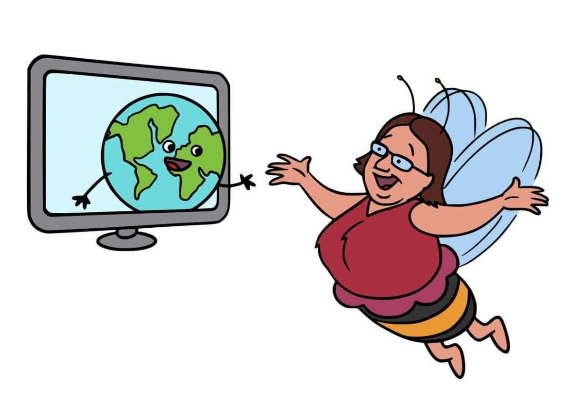 Die Welt reicht der Yinbrumme aus dem Computerbildschirm heraus die Hand