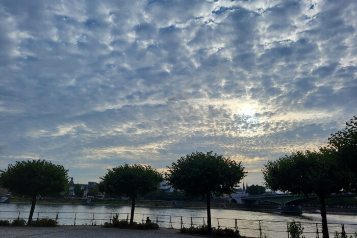 blaugraue Wolkendecke aus lauter kleinen wattebauschartigen Wölkchen, hinter der das Sonnenlich grade noch hervorscheint. Am Horizont Bäume und der Rhein