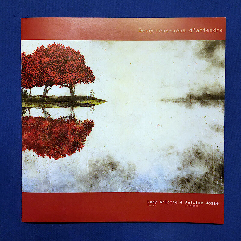 Buchcover mit vorwiegend schwarz-weißem Gemälde von rot belaubtem Baum auf einer Insel, die sich in einem See spiegelt