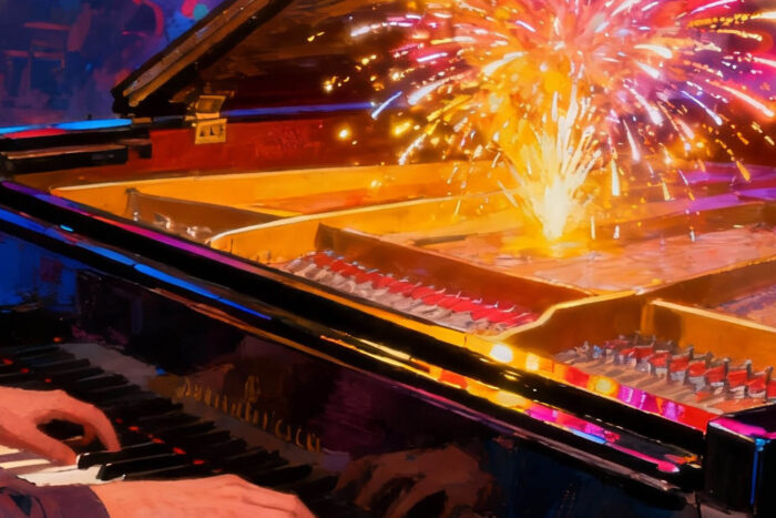 Illustration von Händen die auf dinem Flügel spielen, aus dem ein Feuerwerk entsteht