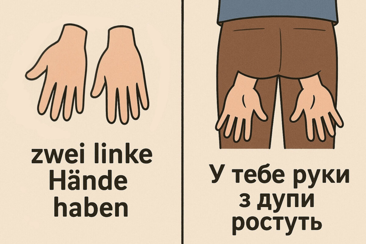 Zweigeteilte Computergrafik. Links: zwei linke Hände, rechts ein mit Hose bekleideter Po, aus dessen Backen nach unten zwei Hände wachsen.