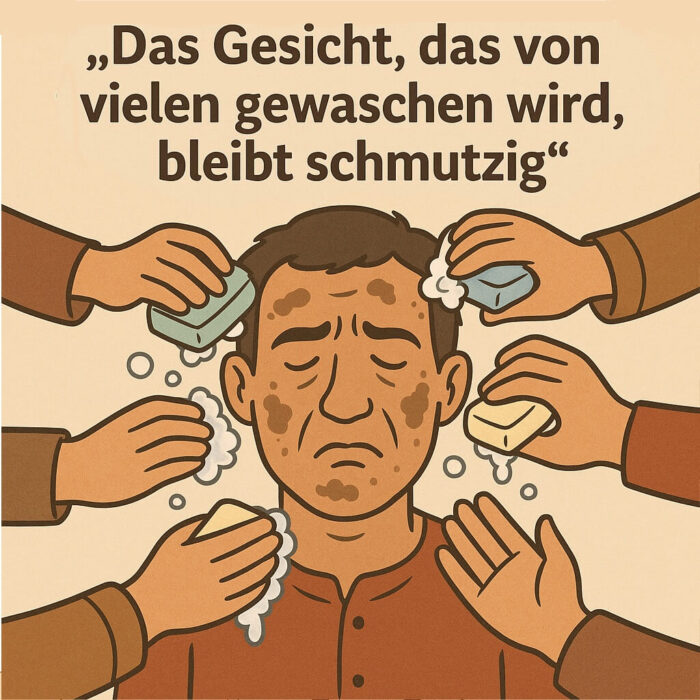 Viele Hànde versuchen das schmutzige Gesicht eines leidend aussehenden Mannes zu  waschen.