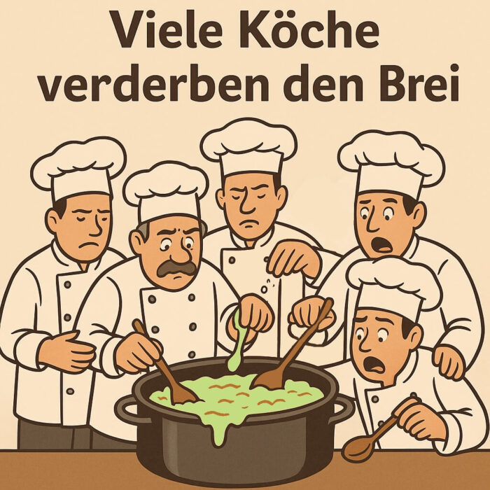 Fünf Köche stehen um einen großen Topf herum, manche würzen, manche rühren, aber der Brei darin ist schlecht geworden. Darüber steht geschrieben: Viele Köche verderben den Brei.