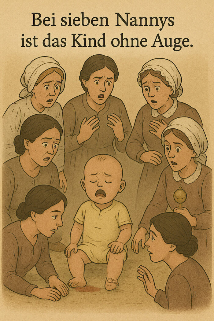 Sieben Nannys, manche mit Kopftuch stehen besorgt um ein weinendes Baby herum. Darüber steht geschrieben: Bei sieben Nanny ist das Kind ohne Auge.