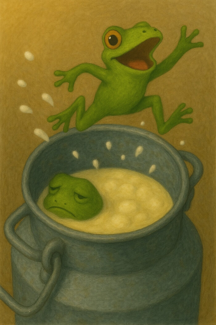 Ein Frosch bleibt in der Butter, einer hüpft aus der Kanne