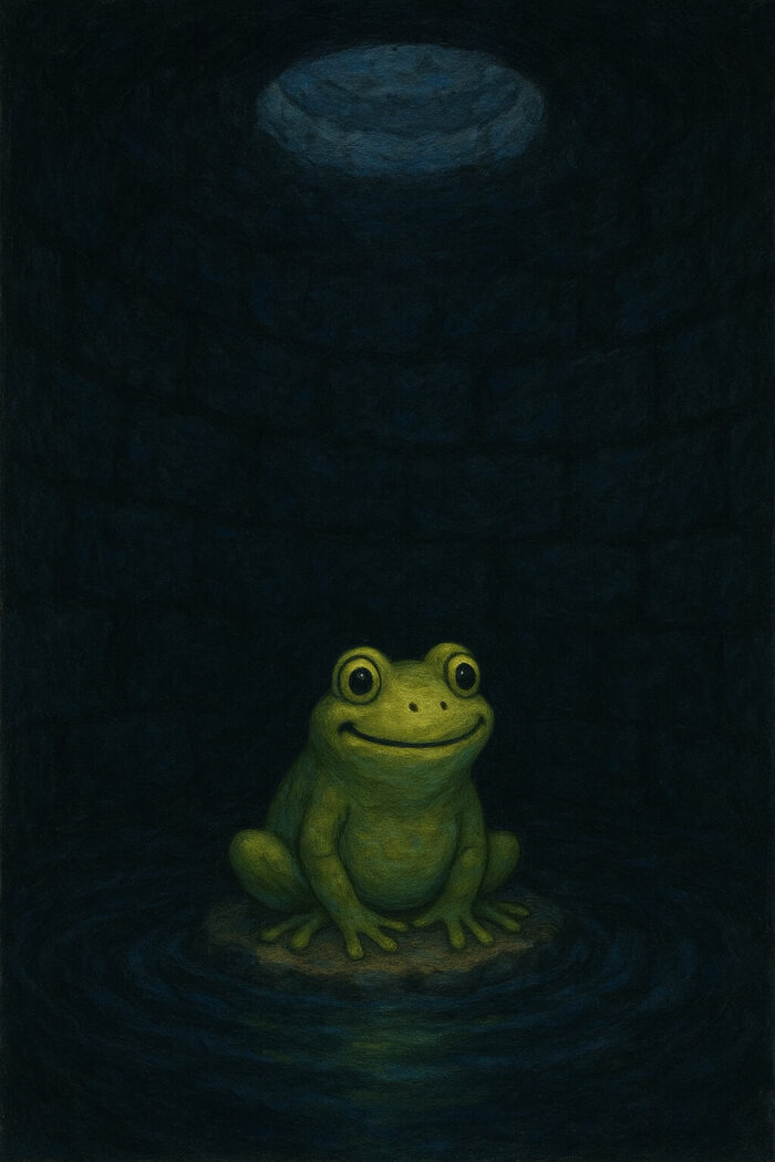 Ein zufriedener Frosch sitzt im dunklen Brunnen