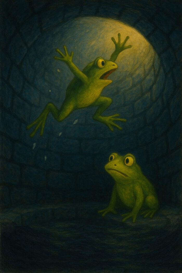 Ein zweiter Frosch fälkt von oben in den Brunnen