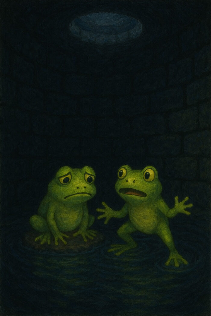 Der zweite Frosch sitzt traurig im dunklen Brunnen und der erste versteht nicht, warum er traurig ist.