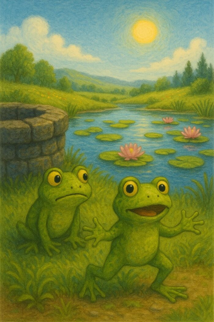 Die beiden Frösche haben den Brunnen verlassen und der zweie Frosch, der von oben kam, zeigt dem ersten alles. Der ist aber nicht begeistert.