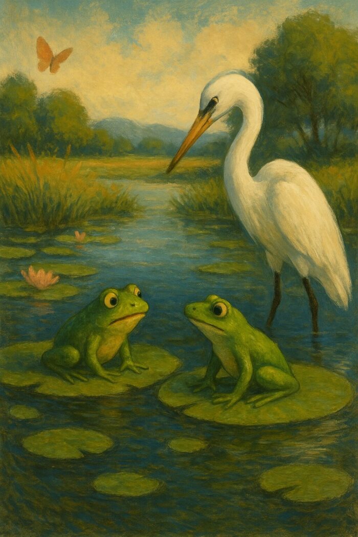 Zwei Frösche sitzen im Sonnenuntergang auf Seerosenblättern im Teich. Sie sind ängstlich, weil hinter ihnen ein hungriger Reiher steht.
