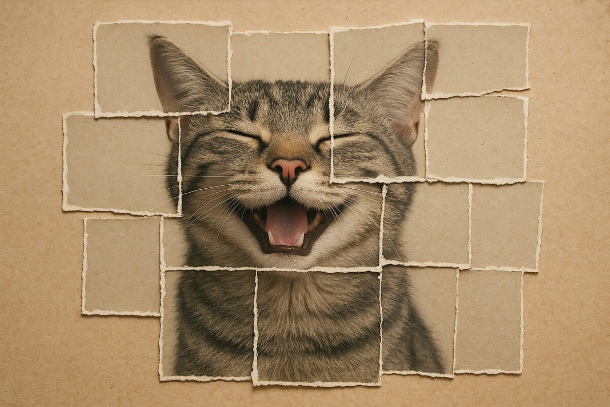 In viele Teile gerissenes und wieder zusammengeklebtes Bild einer lachenden Katze