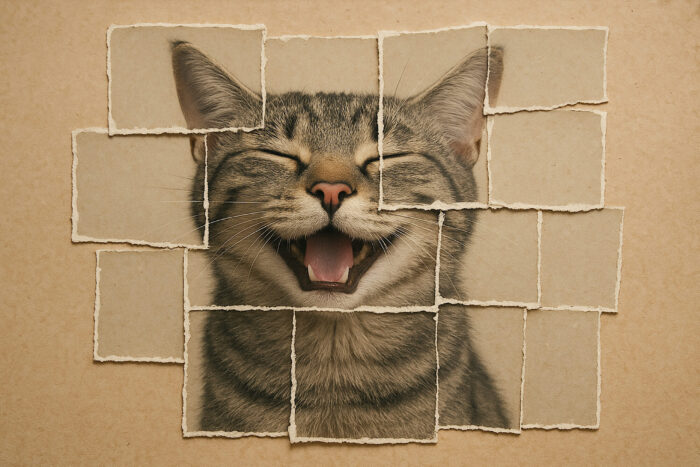 In viele Teile gerissenes und wieder zusammengeklebtes Bild einer lachenden Katze