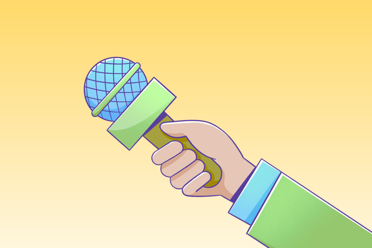 Zeichnung einer Hand, die ein Mikrofon zum Interview hochhält