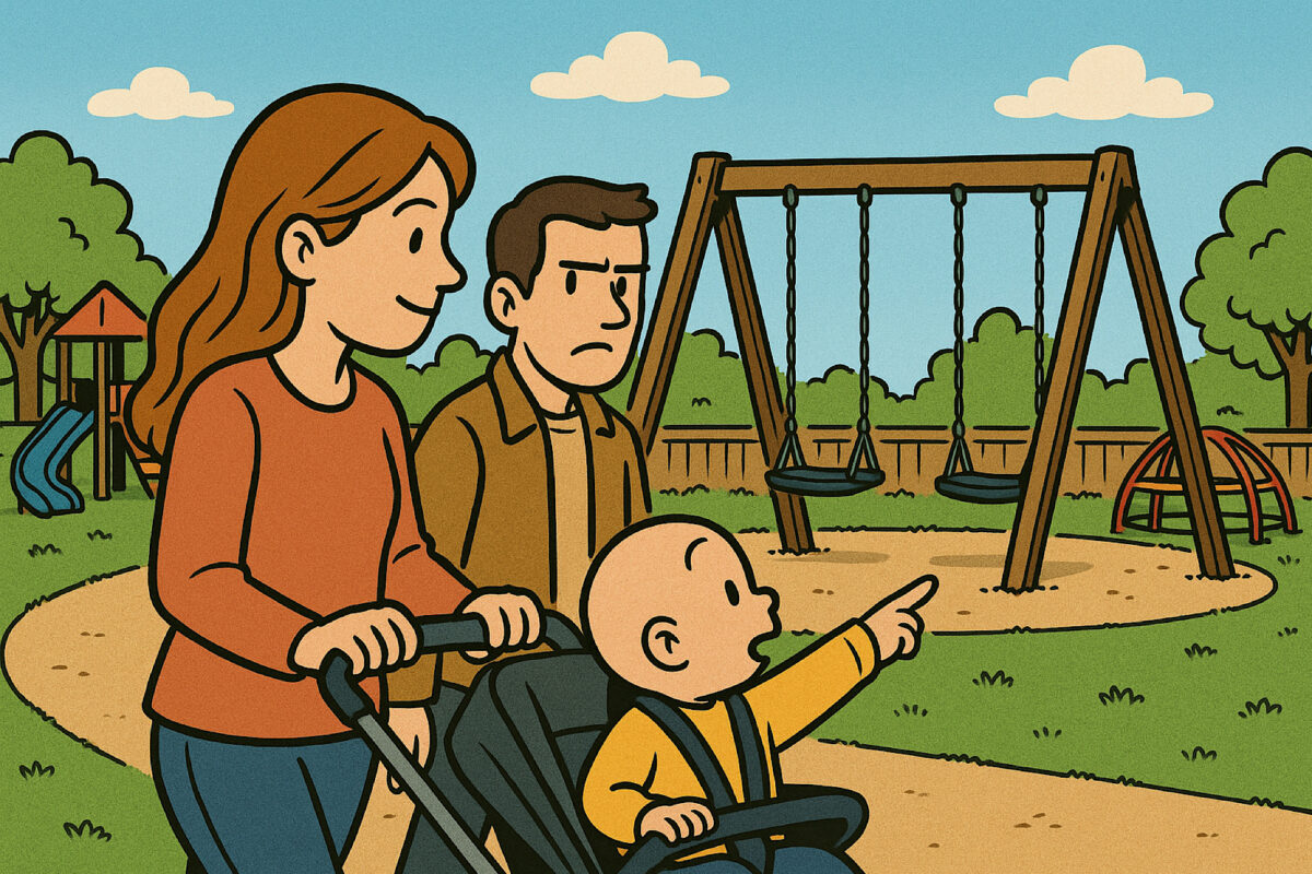 Comiczeichnung von Mutter mit Kleinkind im Buggy geht an Spielplatz vorbei, Kind zigt auf Schaukel, daneben ein Mann, der genervt schaut.