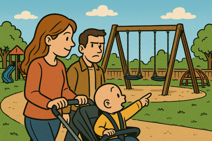 Comiczeichnung von Mutter mit Kleinkind im Buggy geht an Spielplatz vorbei, Kind zigt auf Schaukel, daneben ein Mann, der genervt schaut.