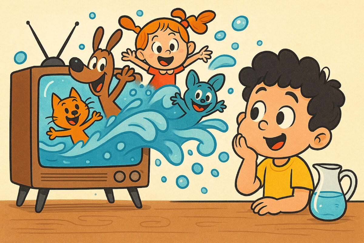 Cartoonzeichnung eines kleinen Jungen mit schwarzgelockten Haaren und einem Wasserkrug vor einem Röhrenfernseher, aus dem in einer Welle Cartoonfiguren zu ihm herausgespült werden