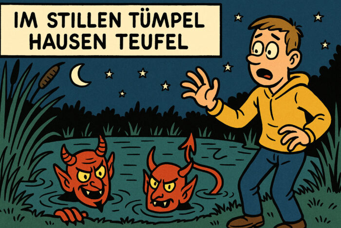 Comiczeichnung von einem jungen Mann, der nachts am Ufer eines Sees erschreckt, weil er Teufel aus dem Wasser schauen und böse grinsen sieht
