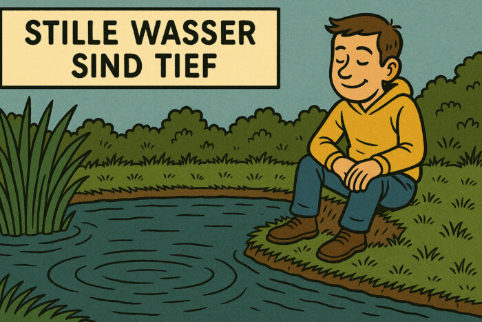Comiczeichnung von einem jungen Mann, der lächelnd sm Ufer rines Sees sitzt