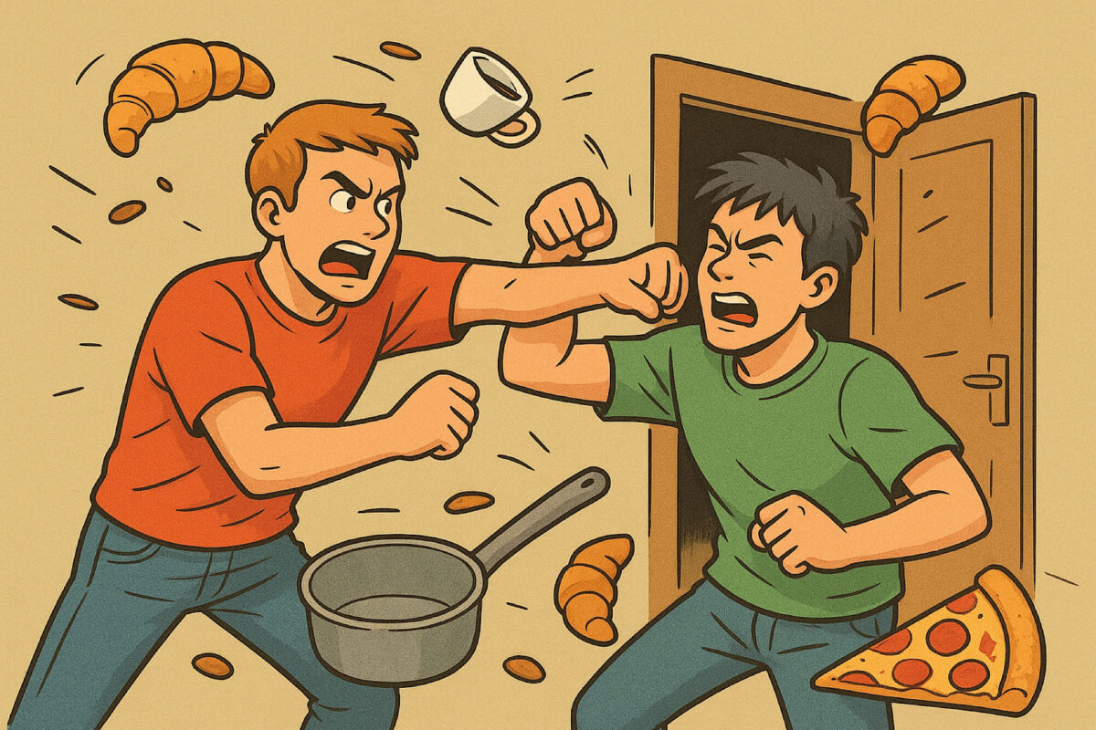 Comiczeischnung zweier junger Männer, die miteinander kämpfen und um sie herum fliegen Croissantes, Pizza und Kochutensilien. Im Hintergrund eine halb offene Tür.