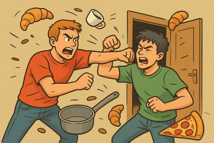Comiczeischnung zweier junger Männer, die miteinander kämpfen und um sie herum fliegen Croissantes, Pizza und Kochutensilien. Im Hintergrund eine halb offene Tür.