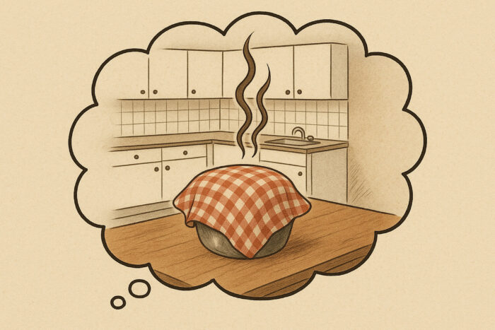 Illustration einer mit Geschirrtuch abgedeckten Schüssel, aus der starker Geruch strömt. Im Hintergrund eine Küche.