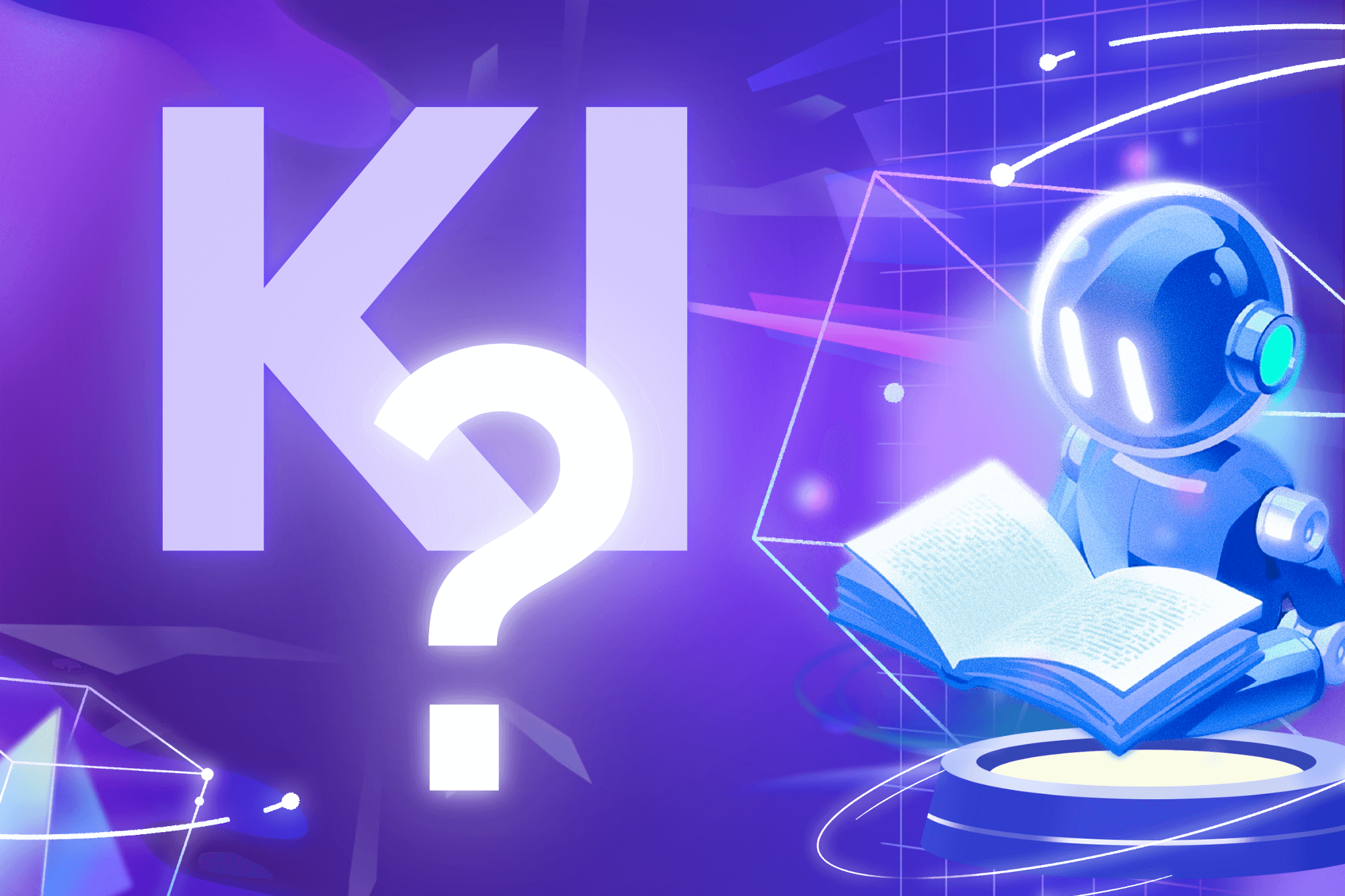 Roboter sitzt mit einem Buch da, daneben steht KI mit Fragezeichen