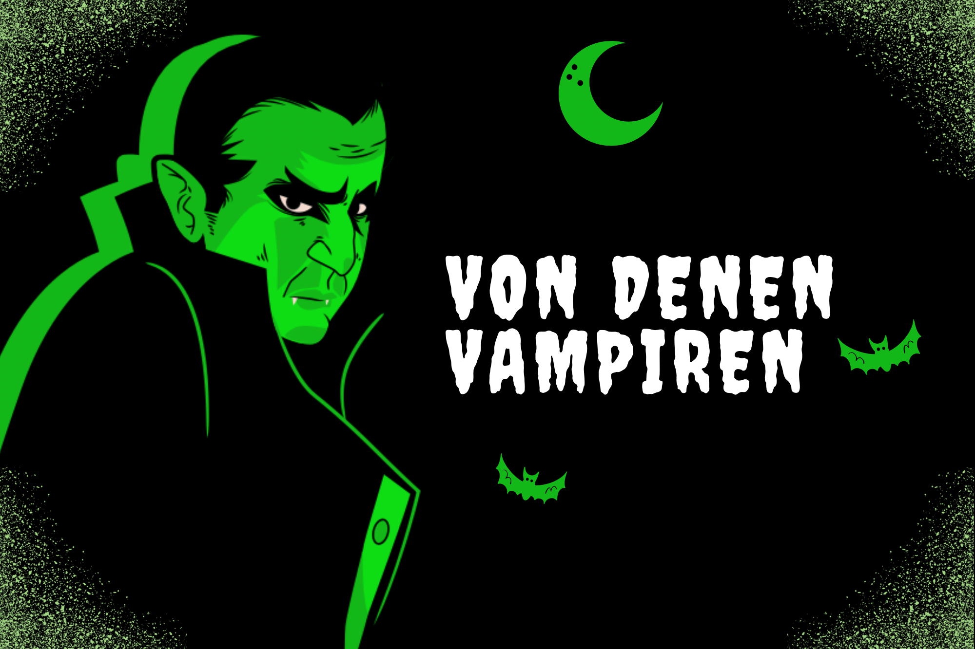 Vampirillustration schwarz und giftgrün mit Mond und Fledermäusen