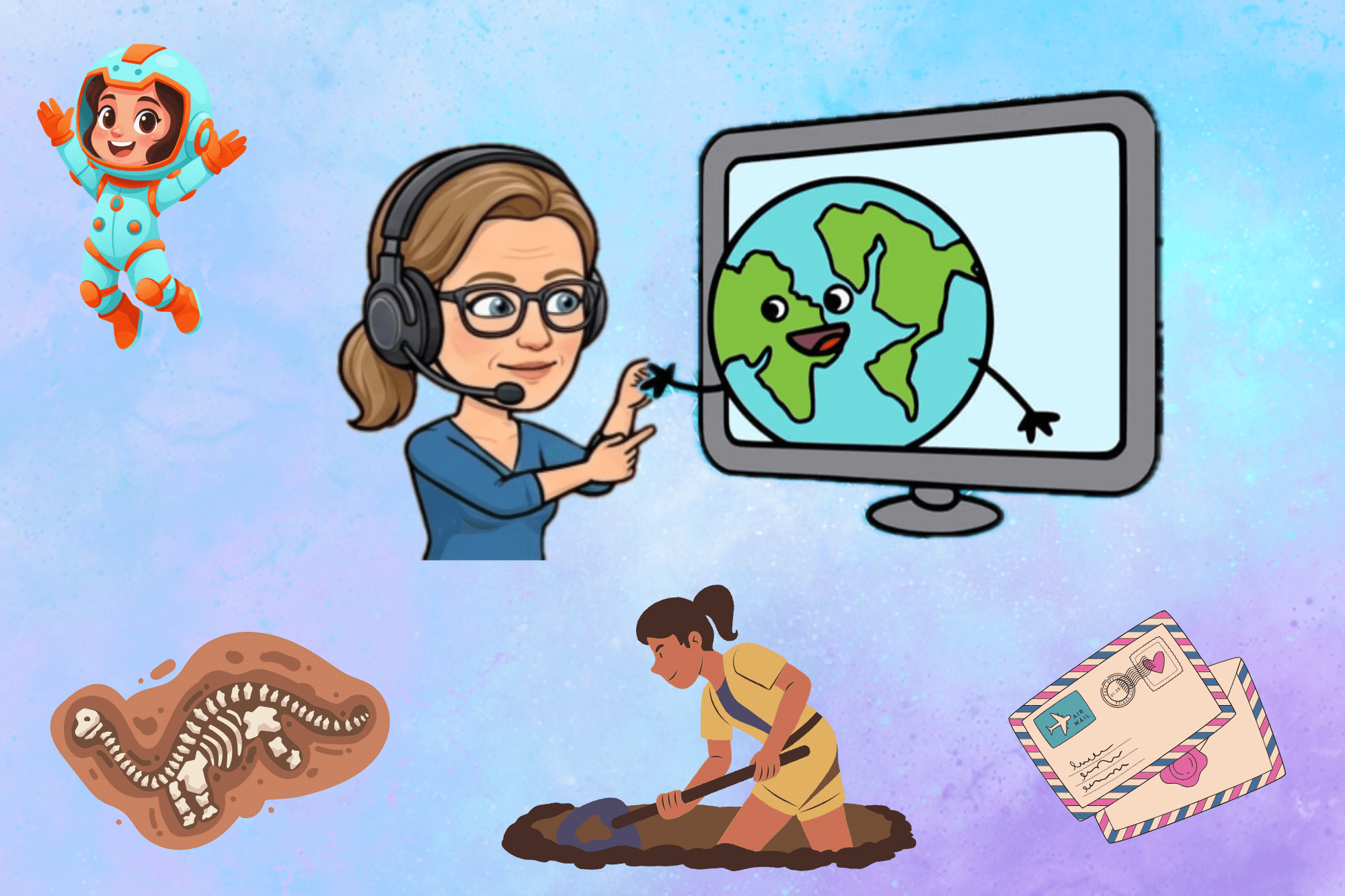 Collage aus Zeichnungen einer Astronautin, eines Dinoskeletts, einer Archäolgin beim Graben, Briefen und Annettes Avatar, der der Welt, die Hand reicht, die aus einem Bildschirm herauskommt