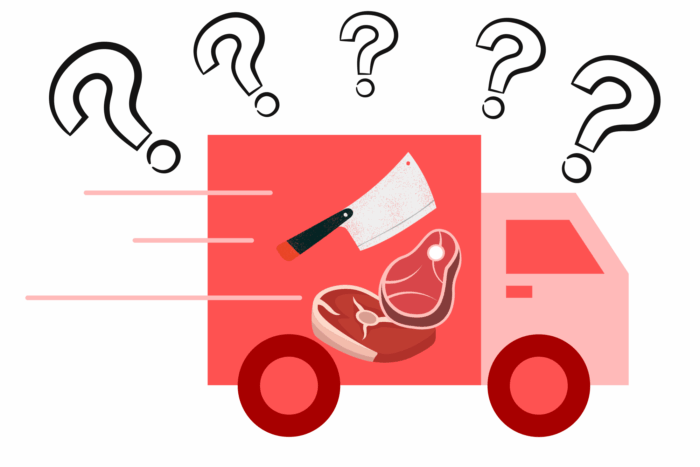 Comiczeichnung eines fahrenden roten Lieferwagens, auf dem ein Hackebeil und Fleischscheiben abgebildet sind. und der von Fragezeichrn umgeben ist.