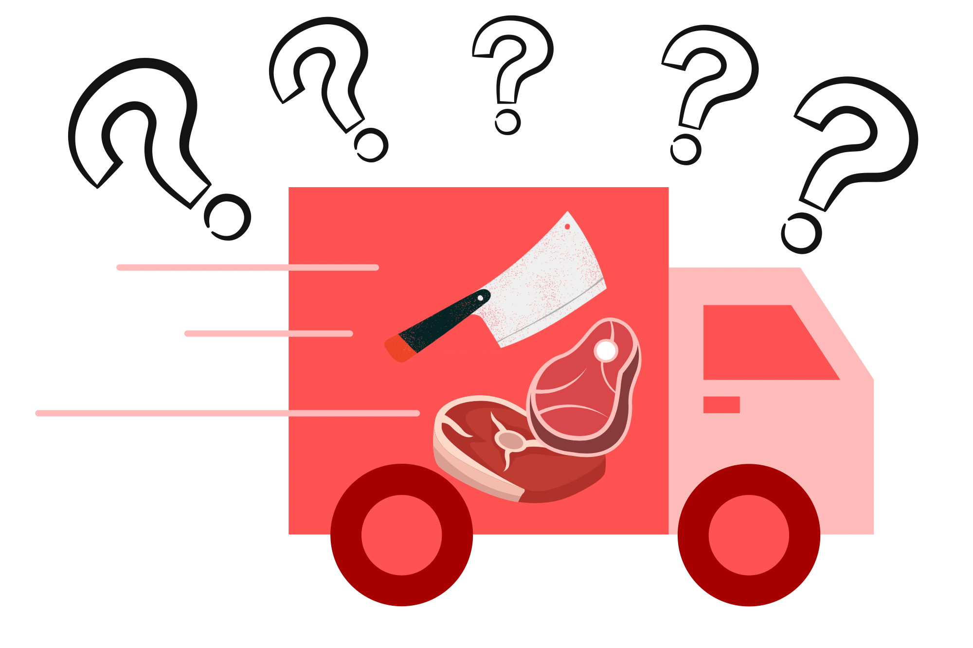 Comiczeichnung eines fahrenden roten Lieferwagens, auf dem ein Hackebeil und Fleischscheiben abgebildet sind. und der von Fragezeichrn umgeben ist.