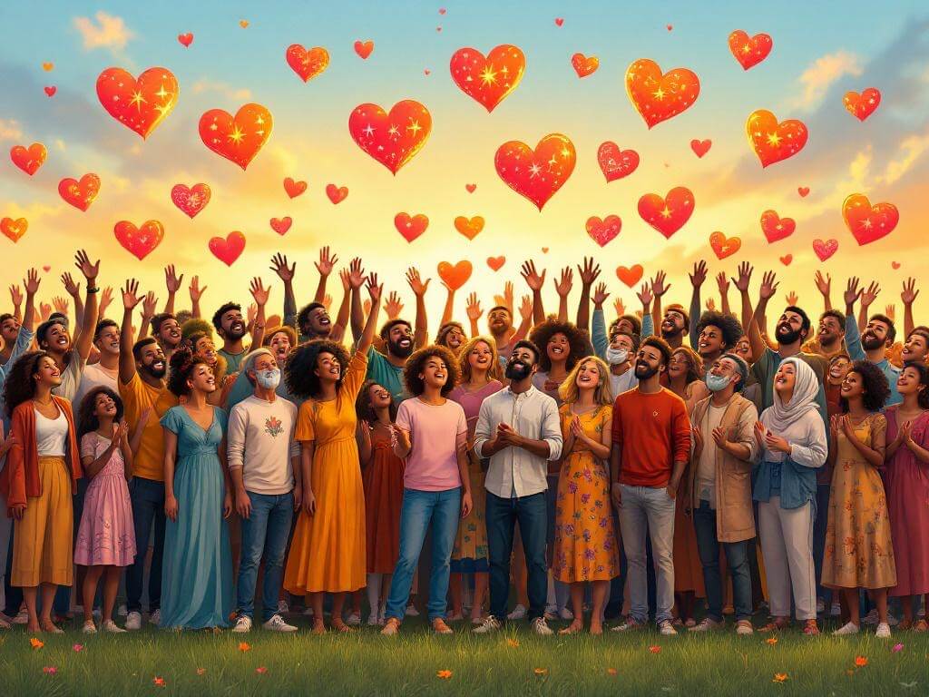 Viele Menschen verschiedener Herkunft und verschiedenen Alters schicken Herzen in die Welt