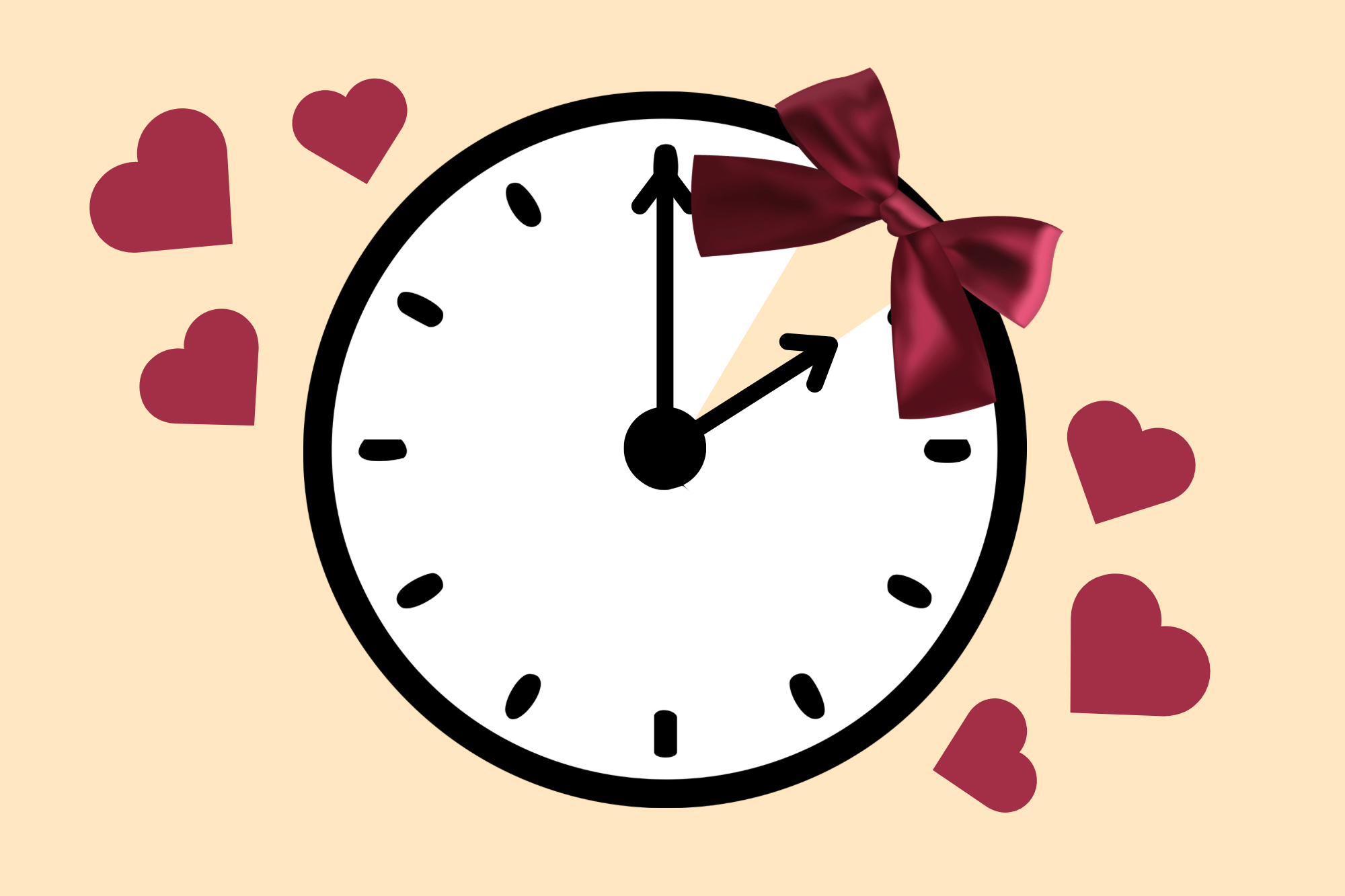 Zeichnung einer Uhr, auf der eine Stunde fablich hervorgehoben und mit einer Geschenkschleide verziert ist. Drumherum Herzchen.