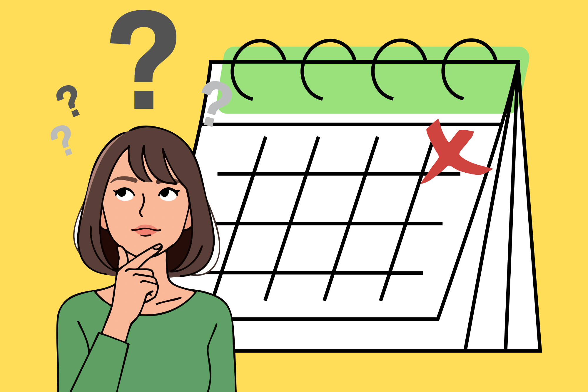 Zeichnung einer Frau mit Fragezeichen über dem Kopf, die vor einem Kalender steht, auf dem der 5. Tag angekreuzt ist