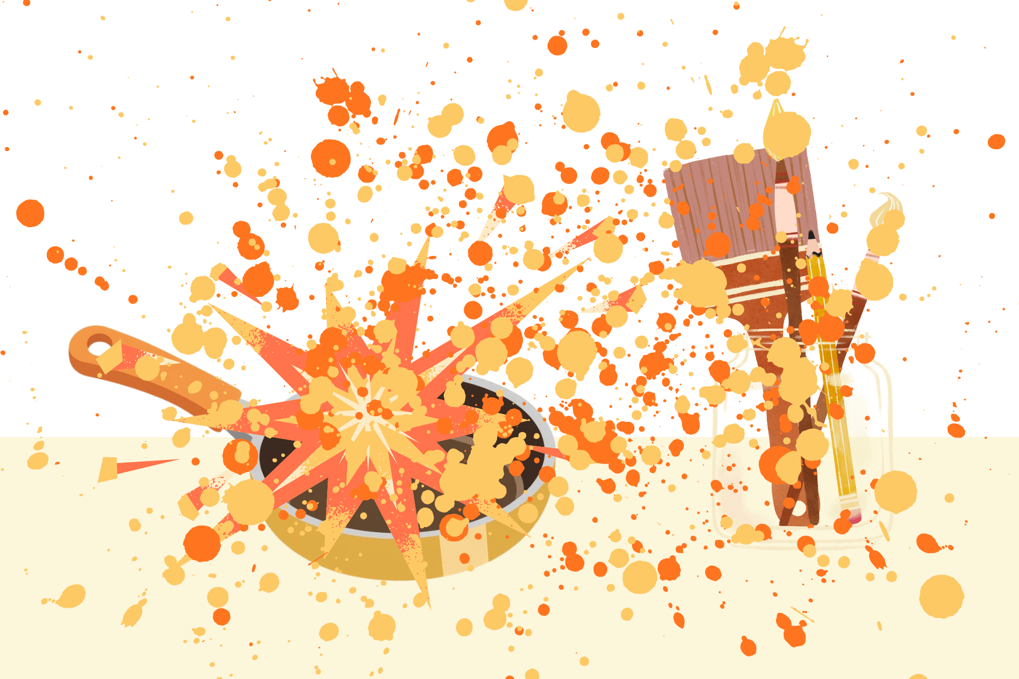 Zeichnung einer Explosion in einer Pfanne, überall spritzt es hin, daneben stehen Pinsel in einem Glas