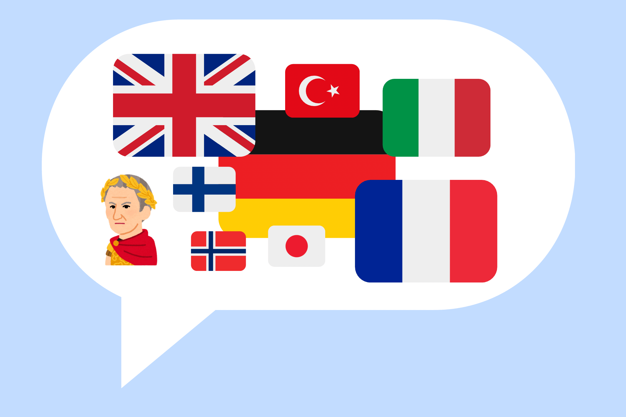 Sprechblase mit einem Römer und den Flaggen von Deutschland, Großbritannien, Frankreich, Italien, Norwegen, Finnland, Türkei und Japan