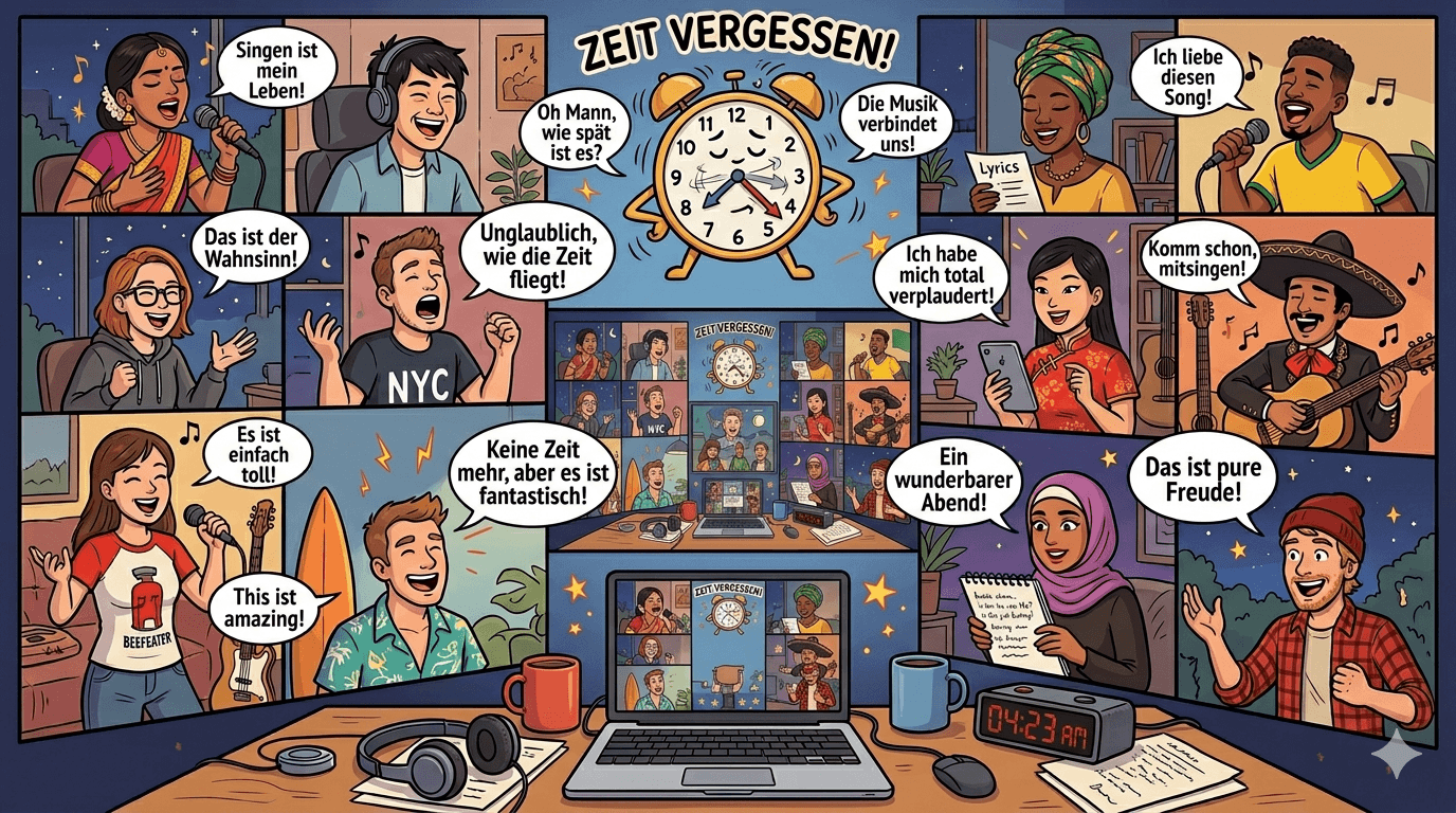 Comiczeichnung eines Bildschirms, auf dem viele Personen aus der ganzen Welt miteinander über Musik reen und dabei die Zeit vergessen
