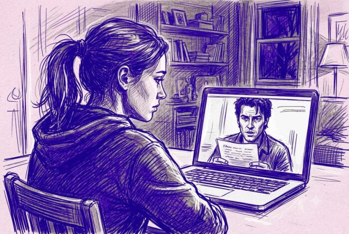 KI-Zeichnung einer Frau mit Pferdeschwanz und Hoodie, die an einem Tisch vor einem geöffnrten Laptop sitzt und zuhört. Auf dem Bildschirm ist ein Mann zu sehen, der mit ernstem Gesicht einen Text vorliest.