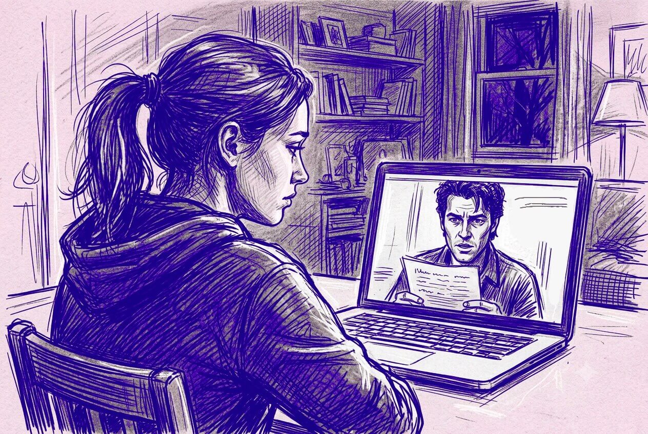 KI-Zeichnung einer Frau mit Pferdeschwanz und Hoodie, die an einem Tisch vor einem geöffnrten Laptop sitzt und zuhört. Auf dem Bildschirm ist ein Mann zu sehen, der mit ernstem Gesicht einen Text vorliest.